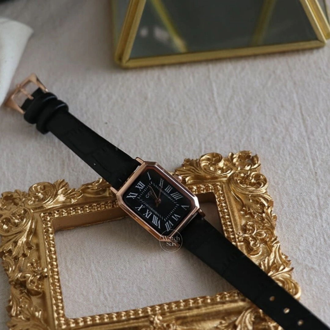 Vintage Style White/Black Rectangle Face Genuine Leather Watch for Women