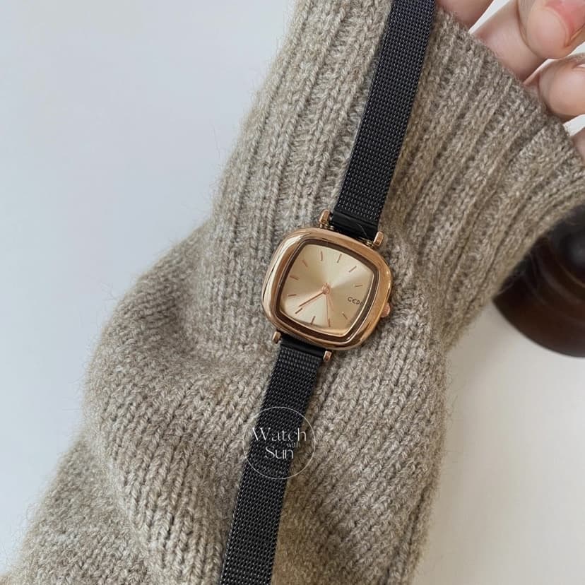 Classic Black-Gold Square Leather Watch for Women