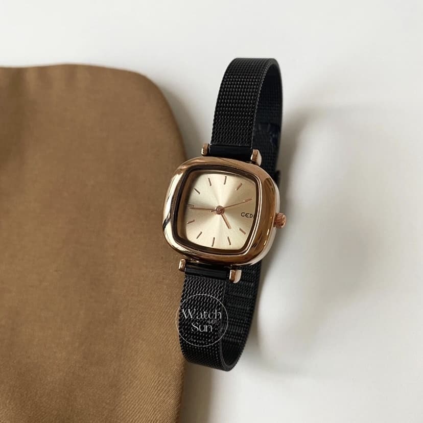 Classic Black-Gold Square Leather Watch for Women