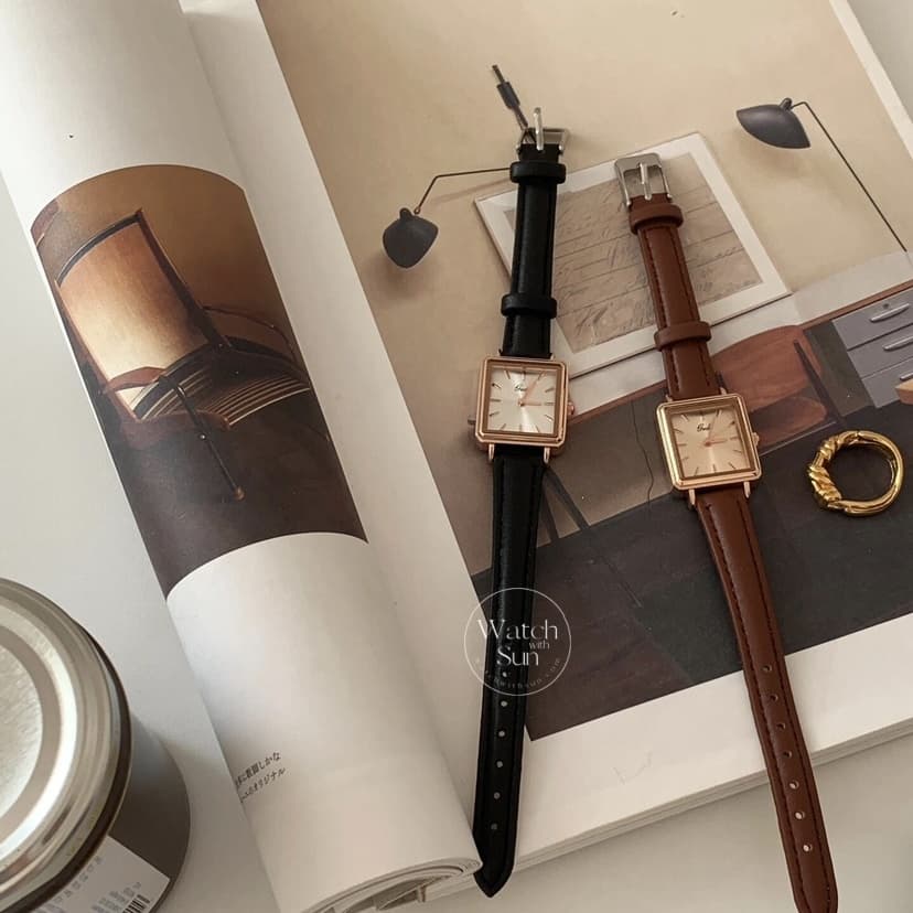 Classic Black/Brown Rectangle Leather Watch for Women