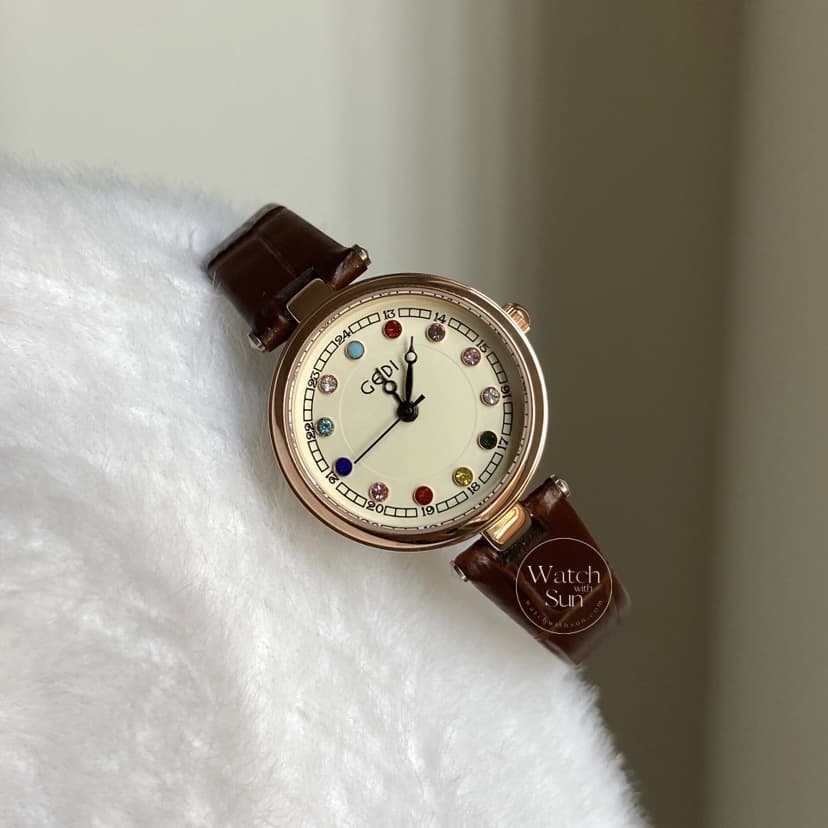Dainty Brown/Black Round Leather Women's Watch