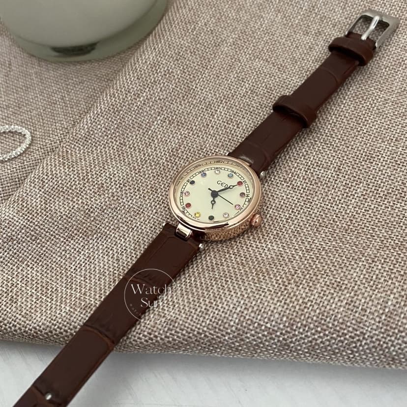 Dainty Brown/Black Round Leather Women's Watch