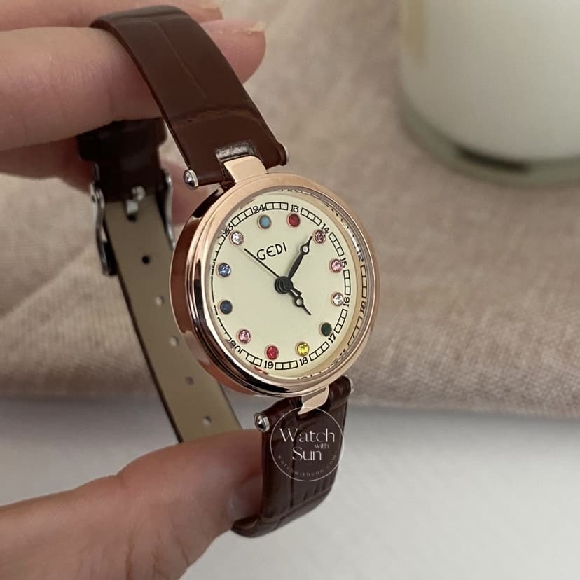 Dainty Brown/Black Round Leather Women's Watch