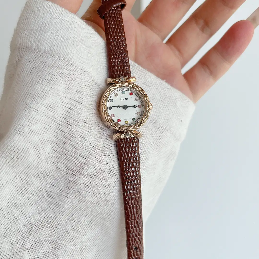 Dainty Brown/Black Round Leather Ladies' Watch