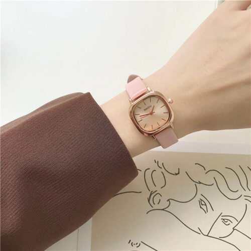 Square face women watch with pink band