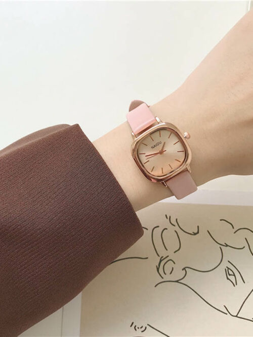 Square face women watch with pink band