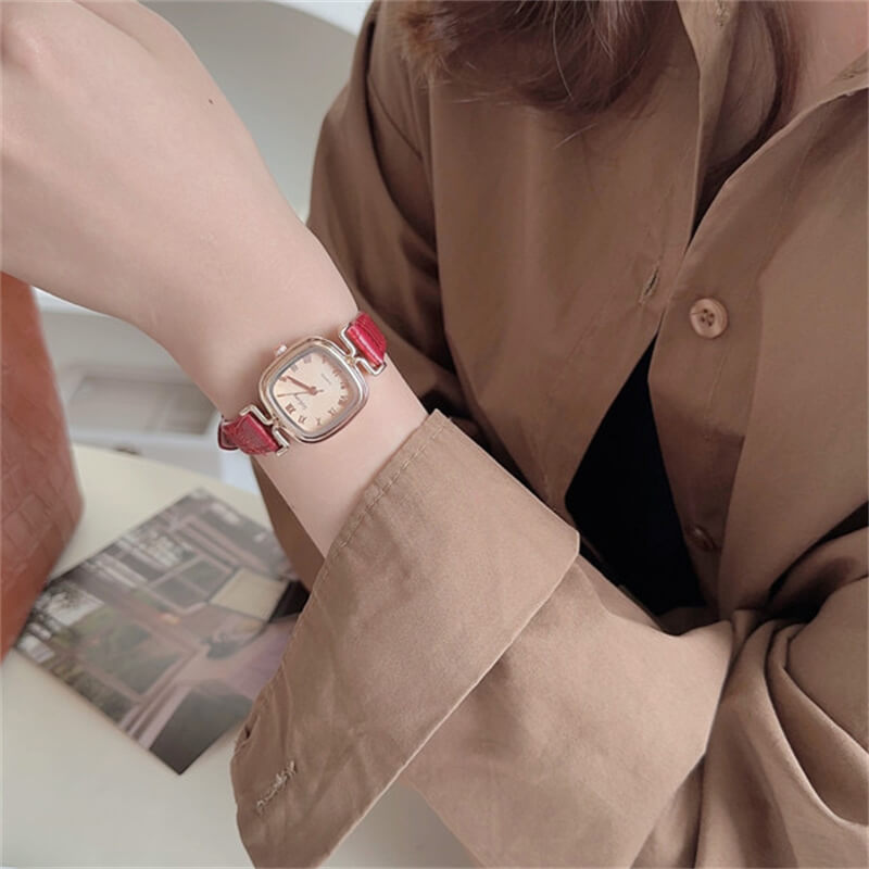 Square brown face watch with red band