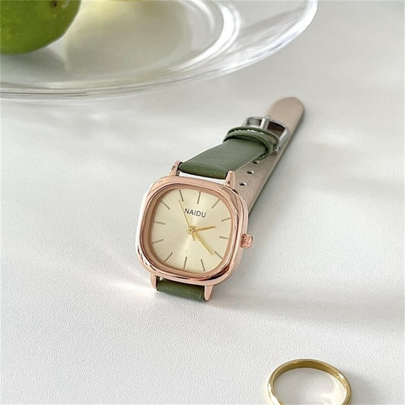 Square face women watch with green band