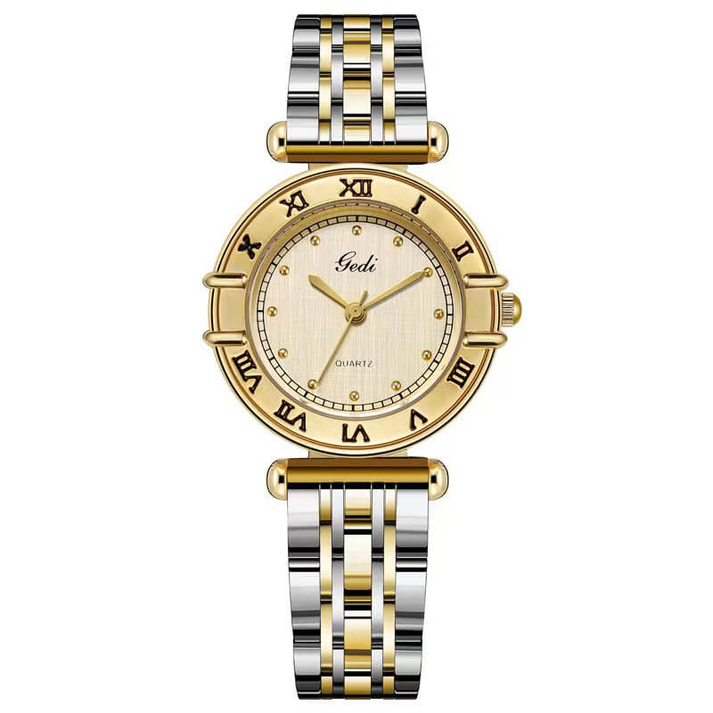 gold colored round face with stainless steel band
