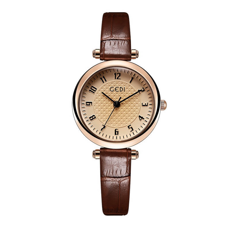 round watch face with brown leather
