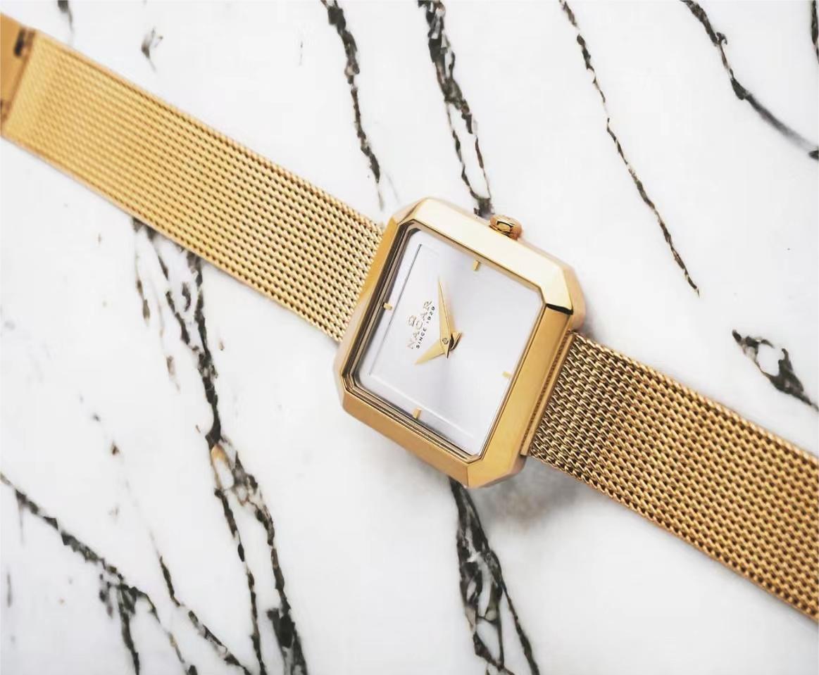 Gold Stainless Steel Bracelet Square White Dial Women's Watch