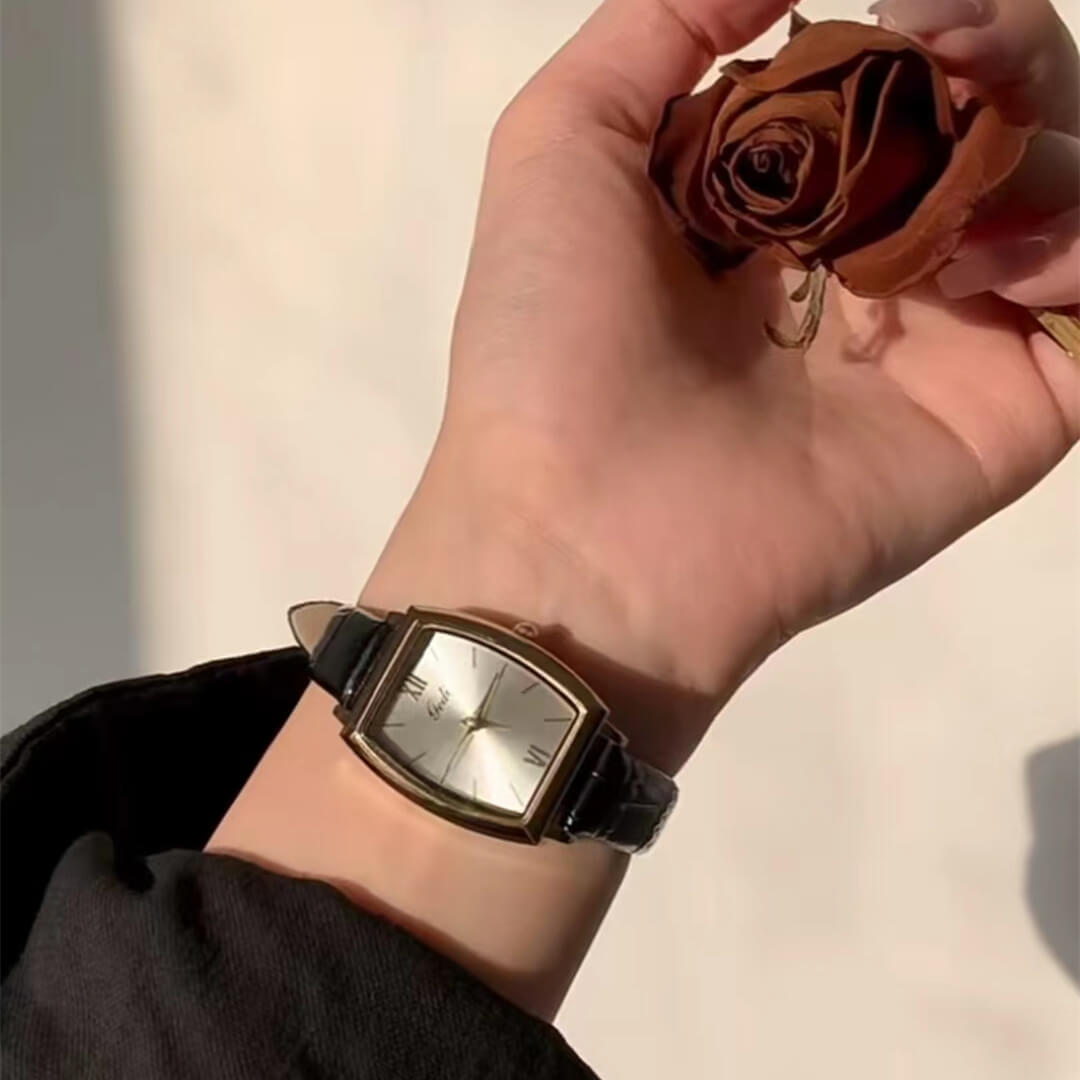 Chic Brown/Black barrel shape Leather Wristwatch