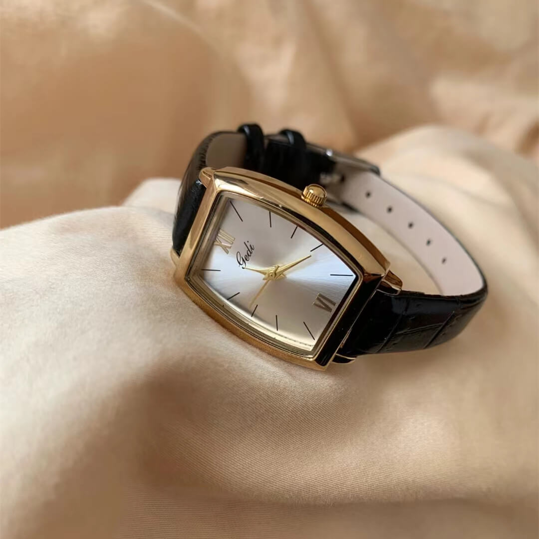 Chic Brown/Black barrel shape Leather Wristwatch