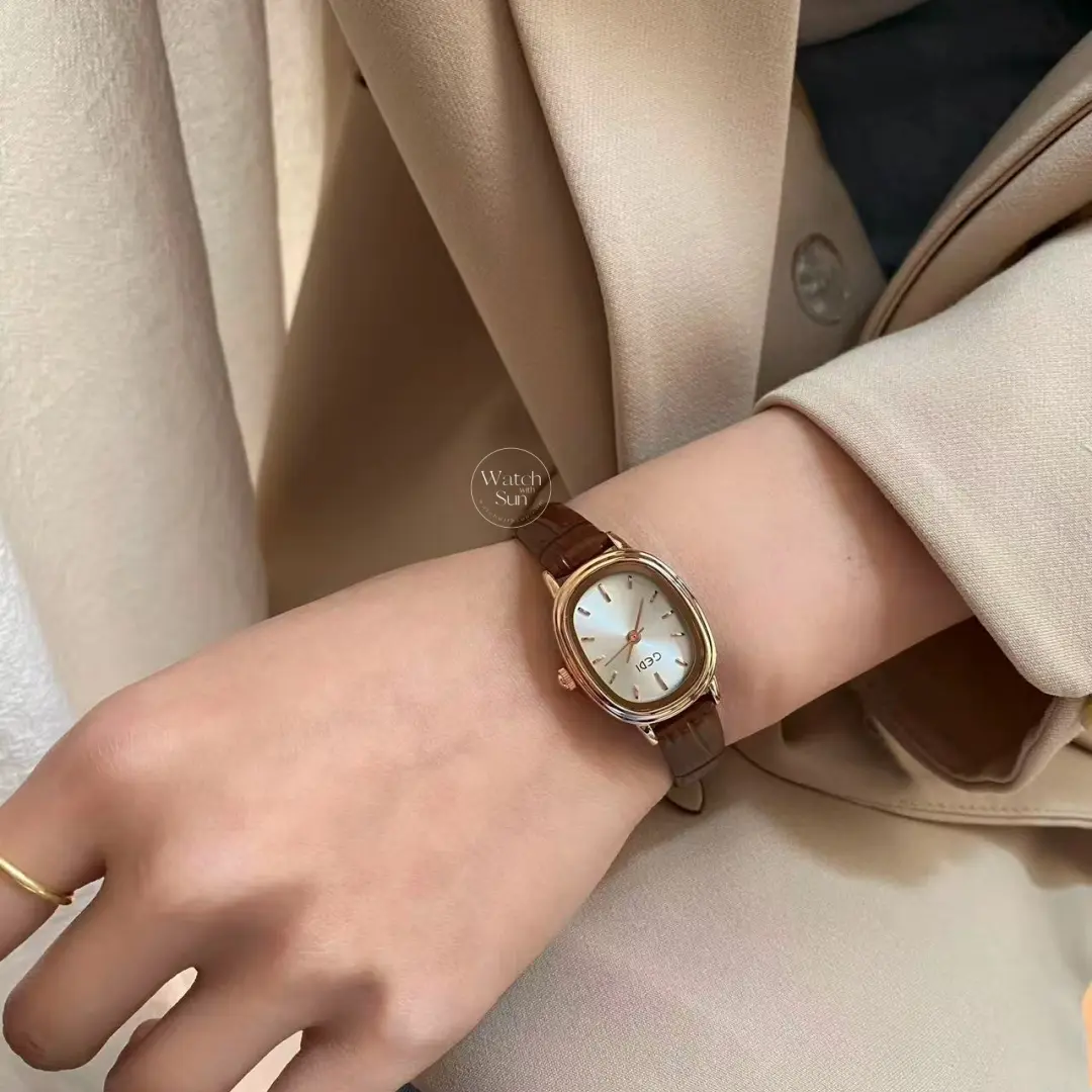 Dainty Black Oval Leather Watch for Women