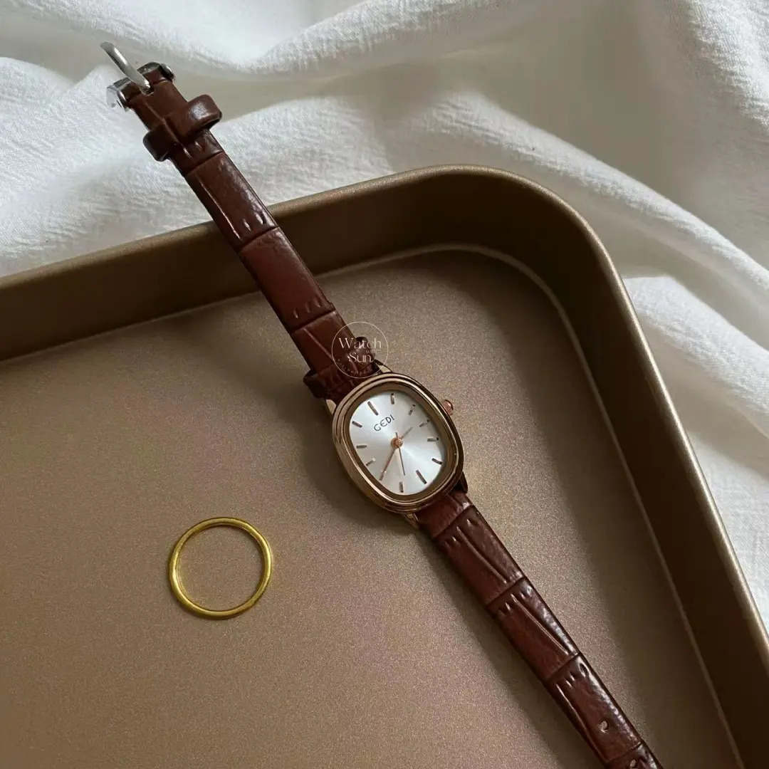 Dainty Black Oval Leather Watch for Women