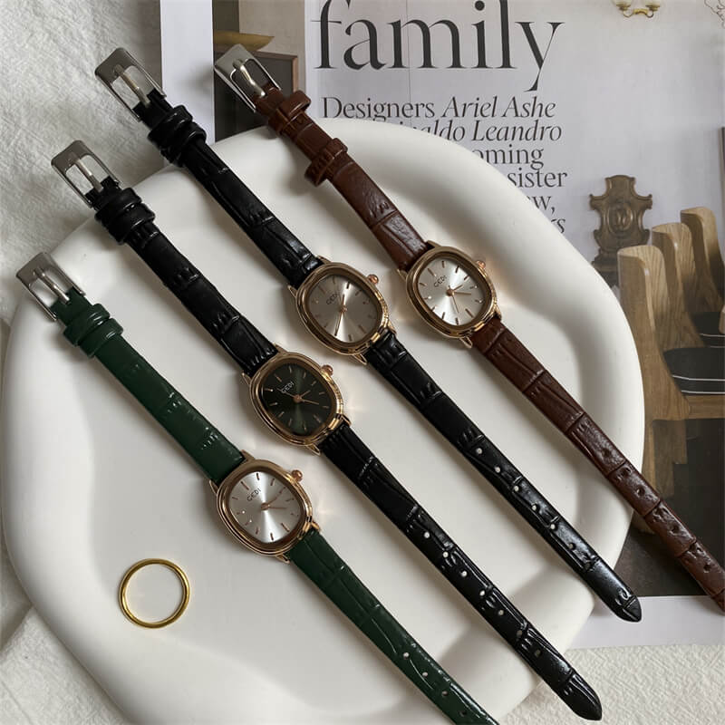 Dainty Black Oval Leather Watch for Women