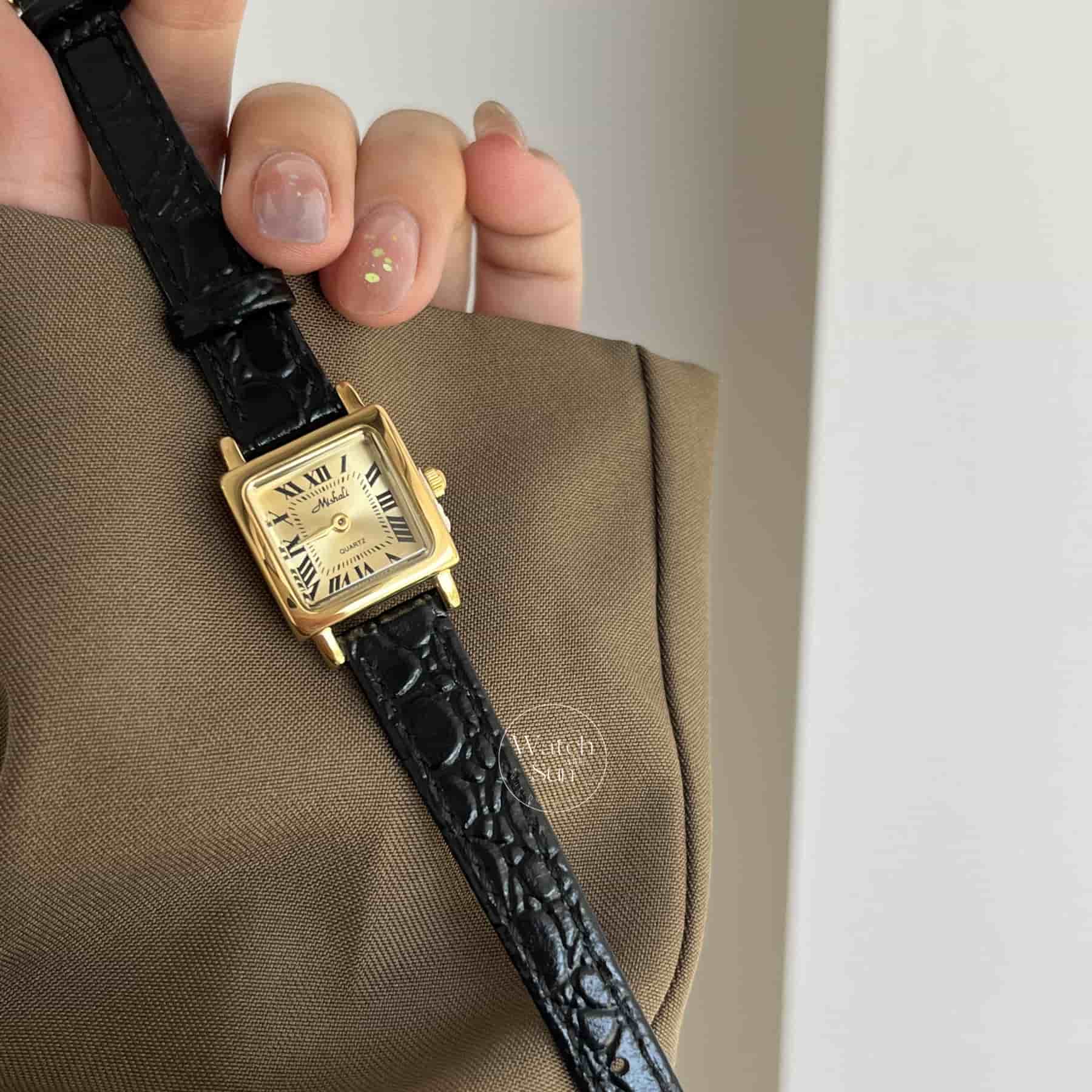 Classic Black-Gold Square Genuine Leather Watch