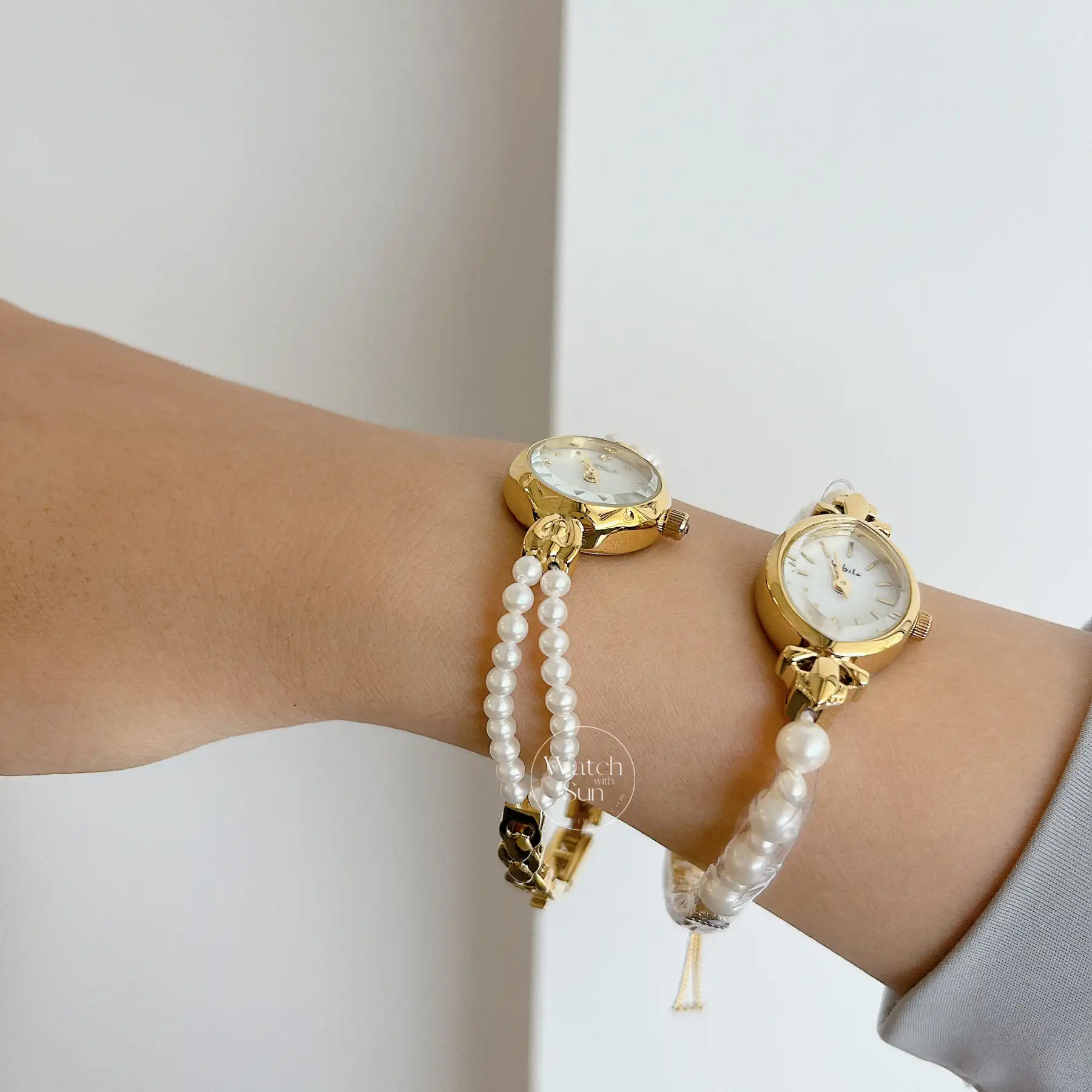 Dainty Gold Round Freshwater Pearl Bracelet Ladies Watch