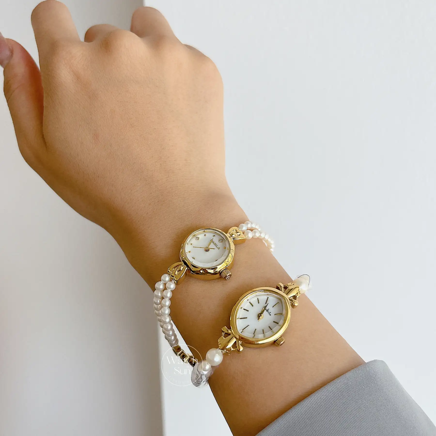 Dainty Gold Round Freshwater Pearl Bracelet Ladies Watch