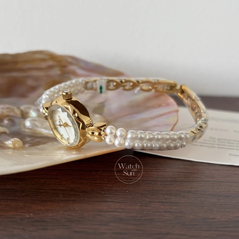 Dainty Gold Round Freshwater Pearl Bracelet Ladies Watch