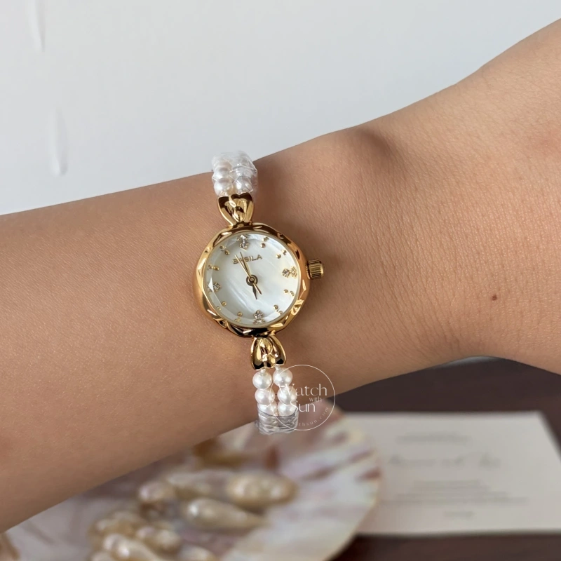 Dainty Gold Round Freshwater Pearl Bracelet Ladies Watch