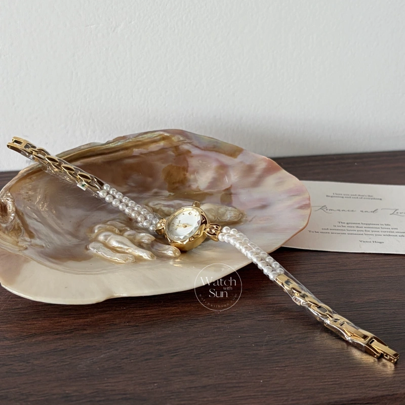 Dainty Gold Round Freshwater Pearl Bracelet Ladies Watch
