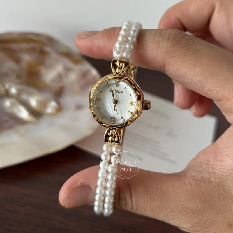 Dainty Gold Round Freshwater Pearl Bracelet Ladies Watch