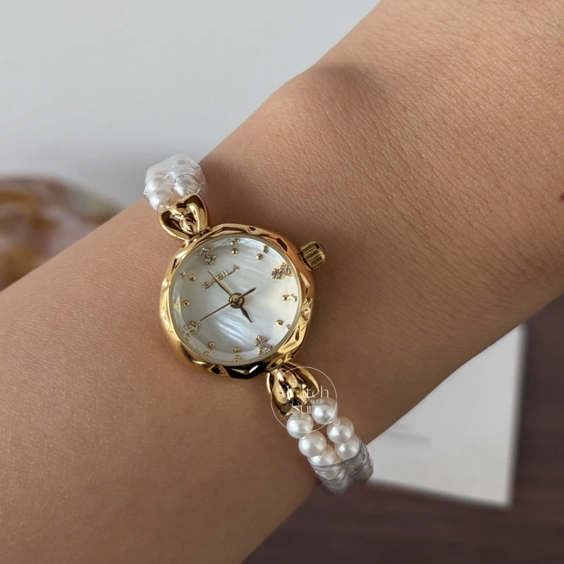 Dainty Gold Round Freshwater Pearl Bracelet Ladies Watch