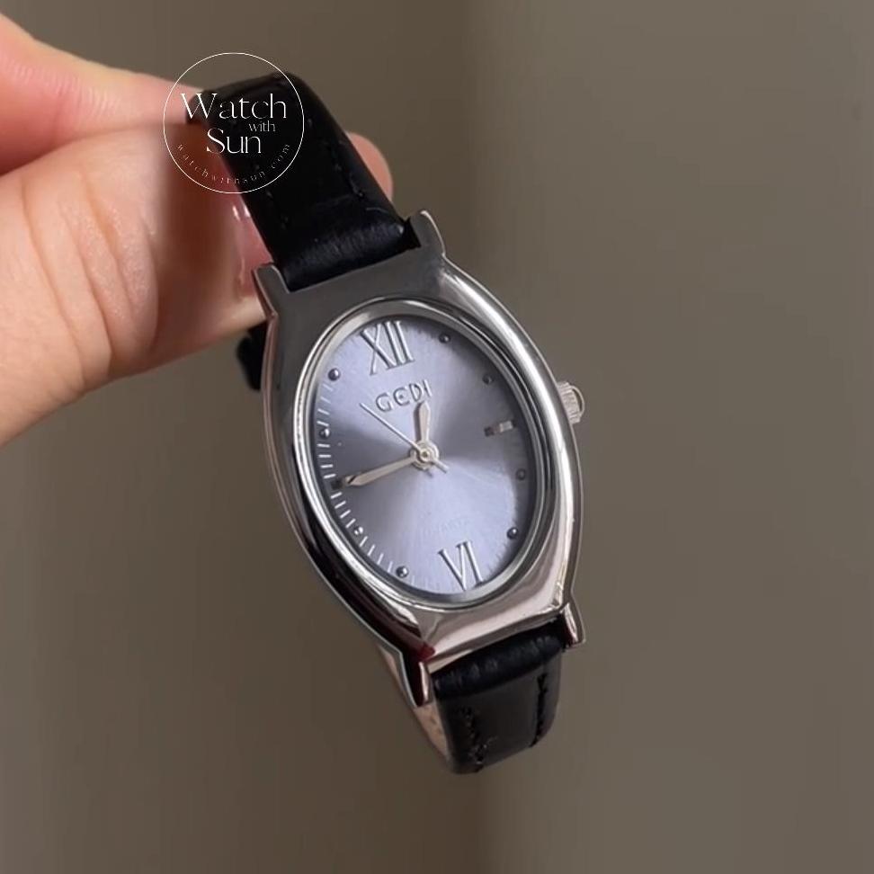 Dainty Pink/Blue/White Oval Face Leather Watch for Women