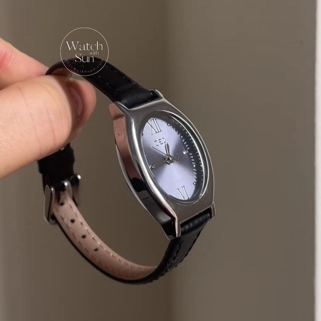 Dainty Pink/Blue/White Oval Face Leather Watch for Women