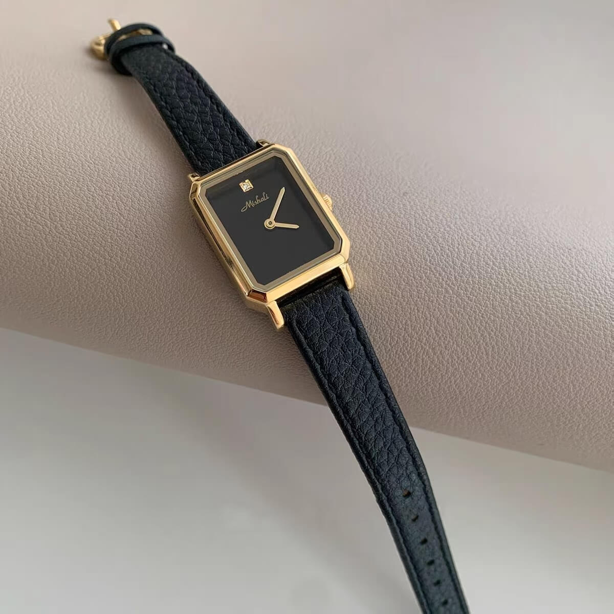 Minimalist Style Black Rectangle Genuine Leather Women's Watch