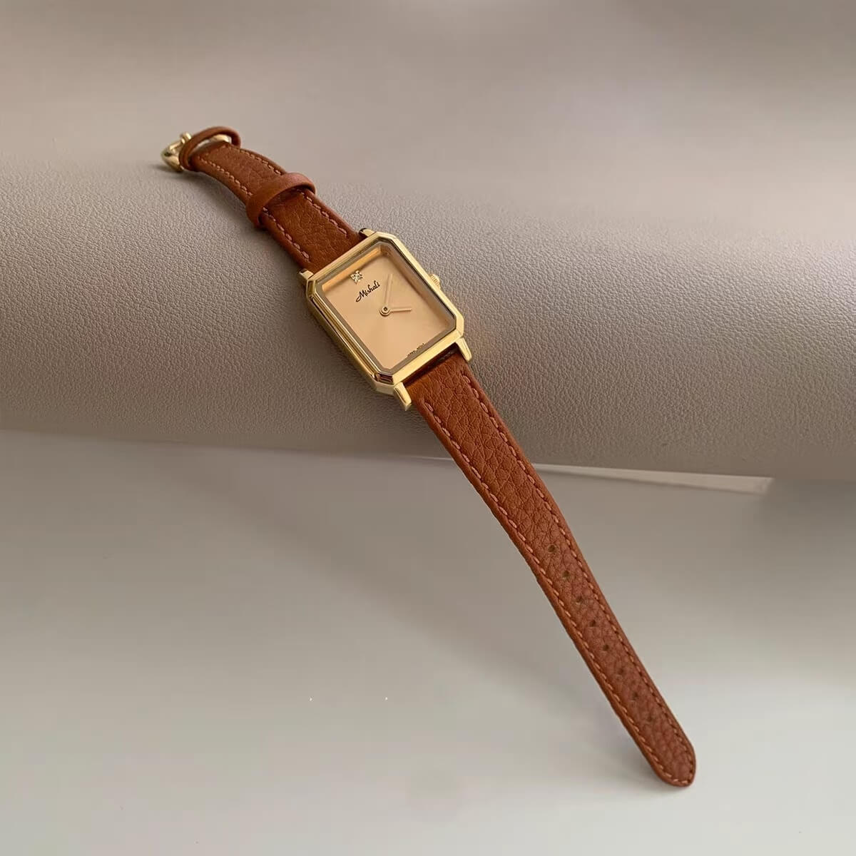 Minimalist Style Black Rectangle Genuine Leather Women's Watch