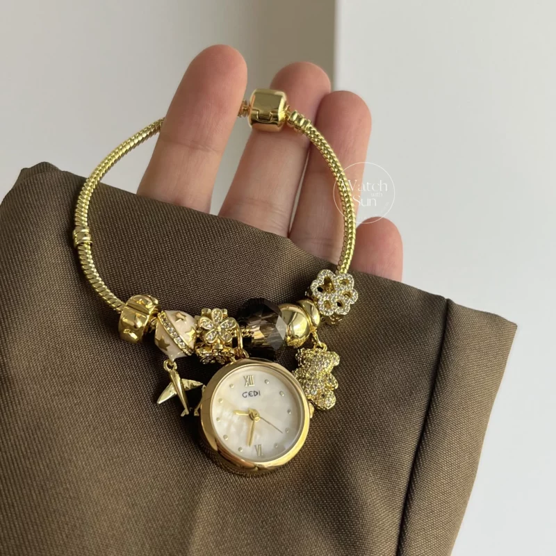 Dainty Gold Round Charms Bracelet Watch
