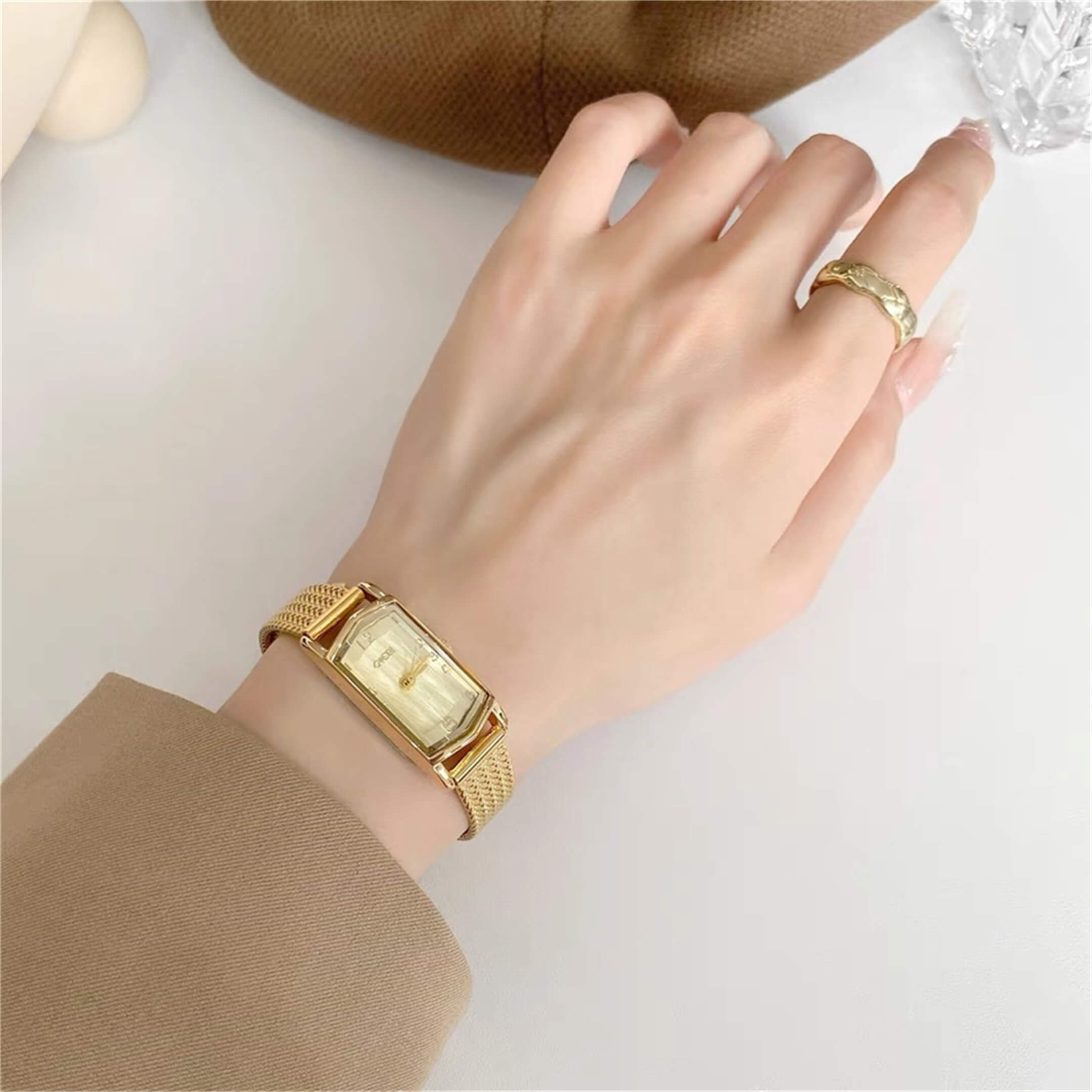 Rectangle Face Dainty Gold Watch