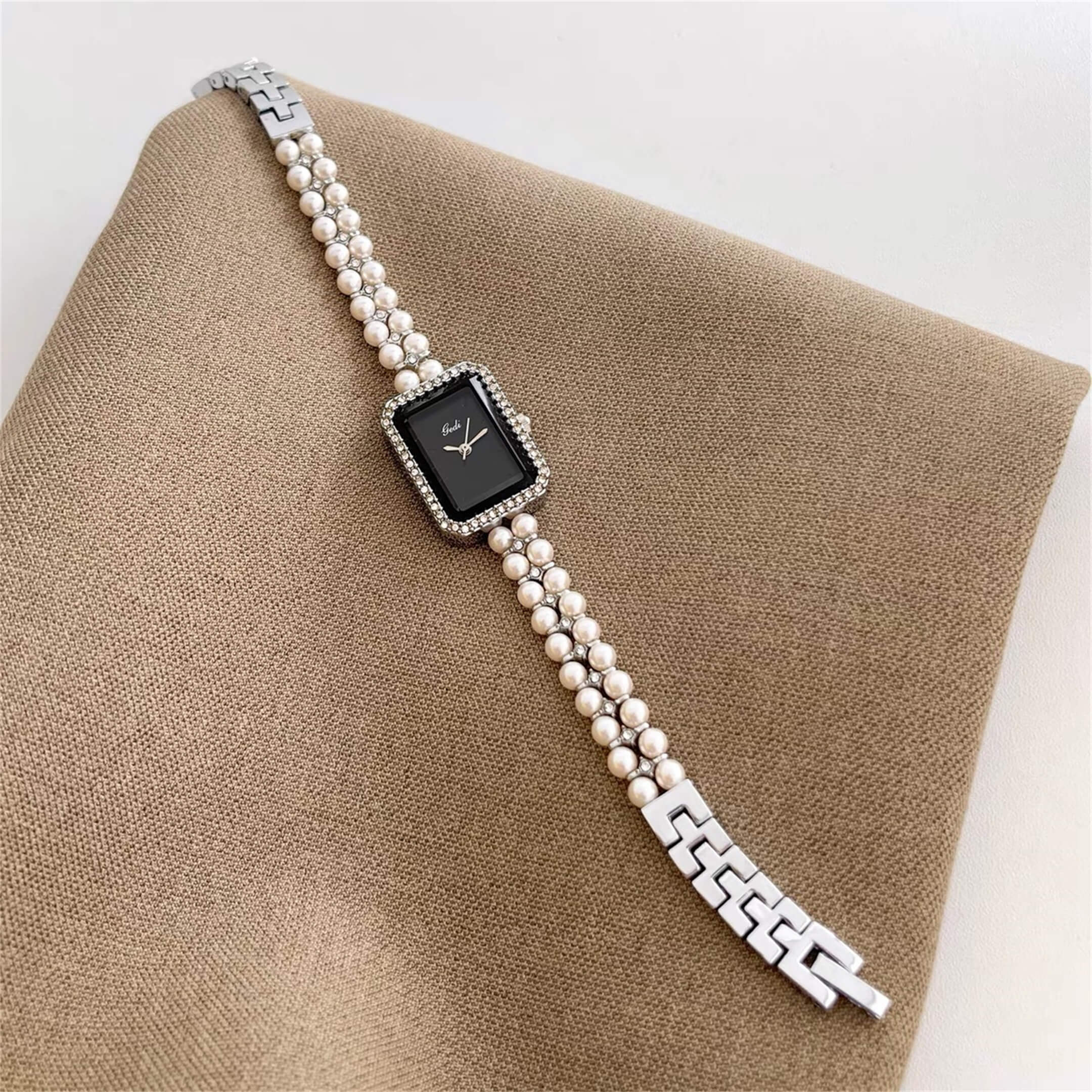 Square Face Pearl Bracelet Watch