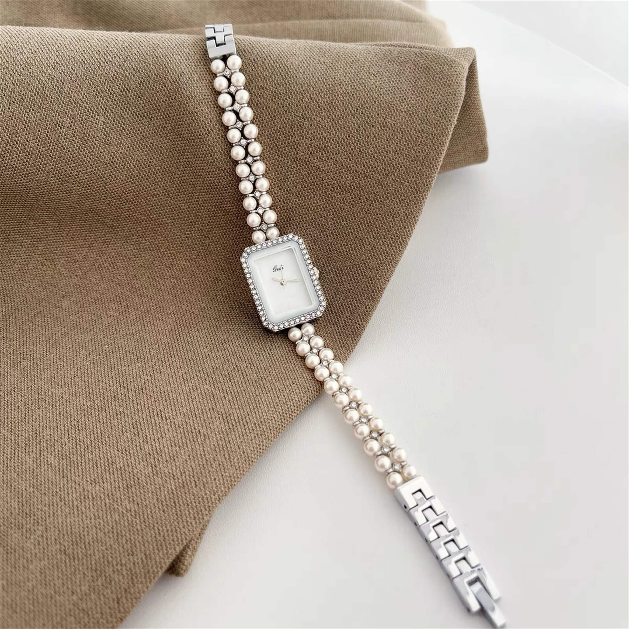 Square Face Pearl Bracelet Watch