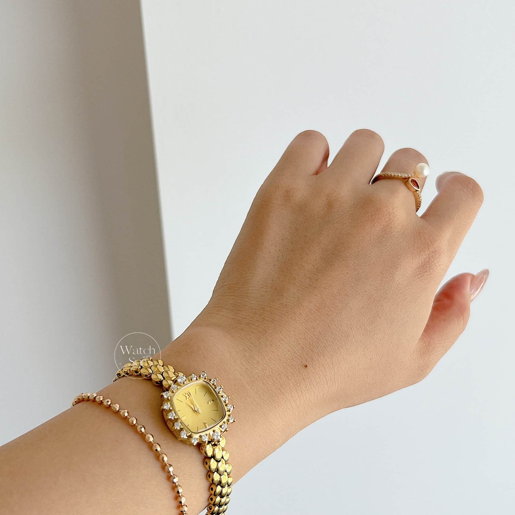 Square Face Gold Bracelet Zirconia Watch