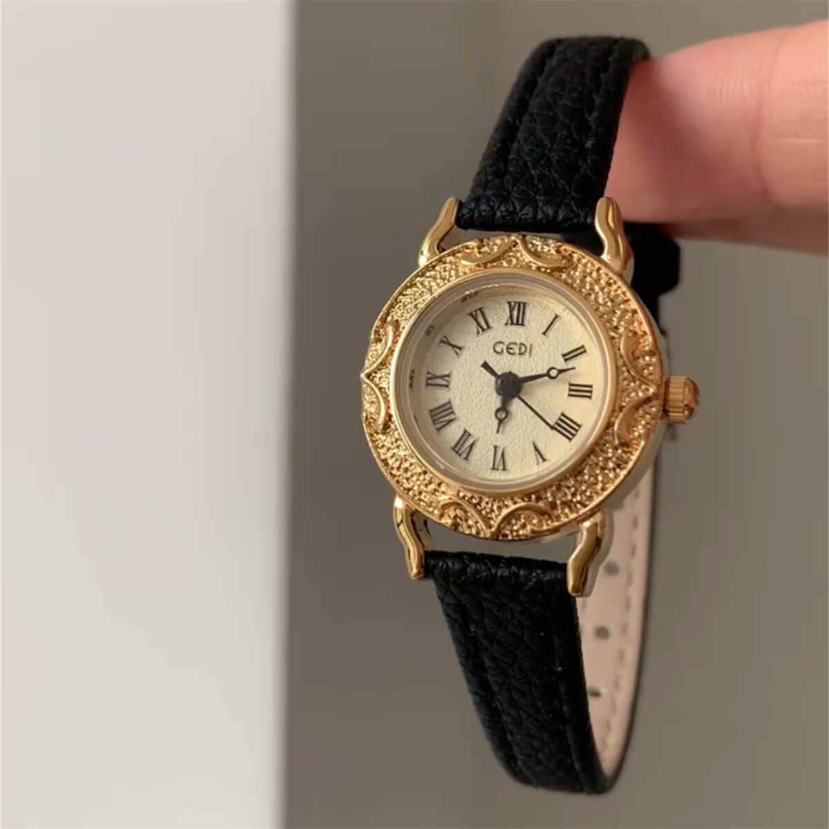 Vintage Style Black Leather Band Watch