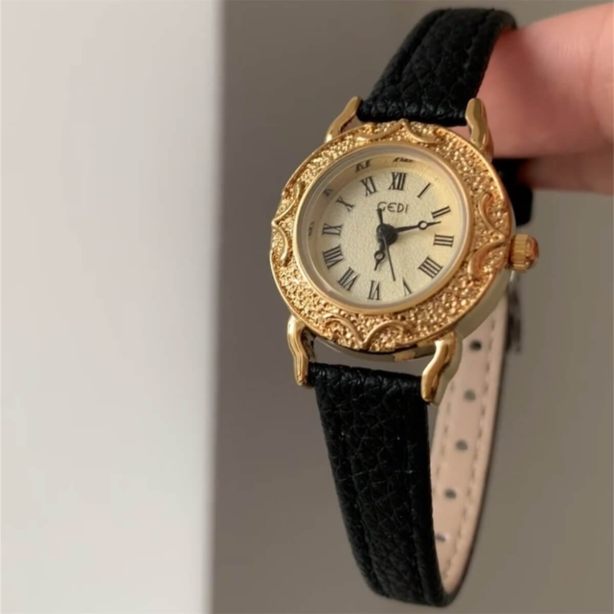 Vintage Style Black Leather Band Watch