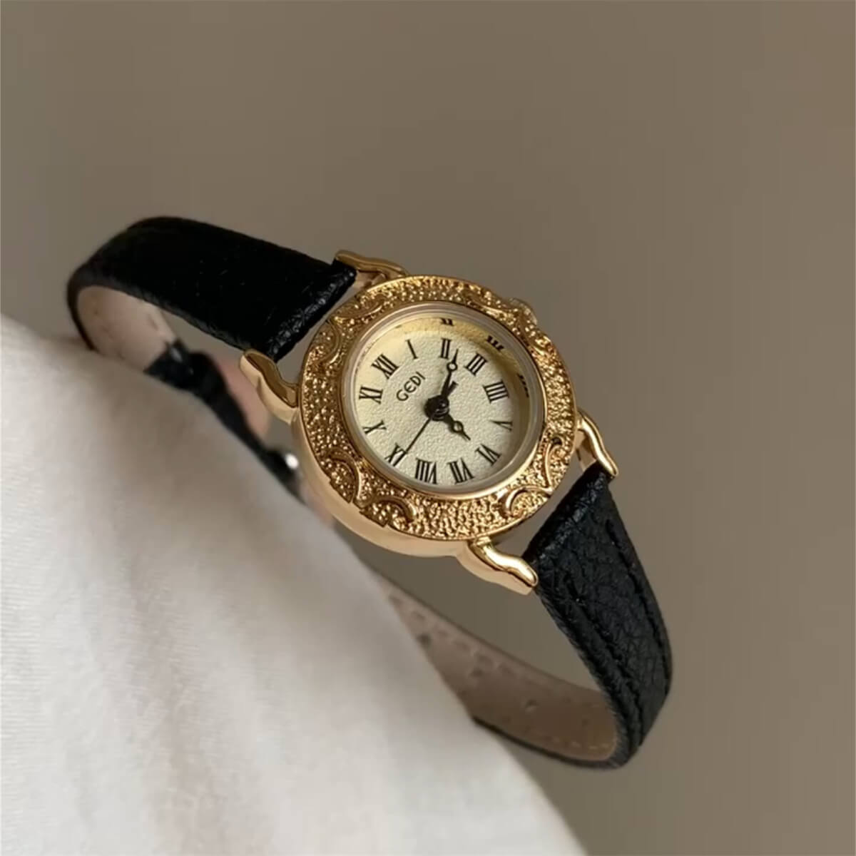 Vintage Style Black Leather Band Watch