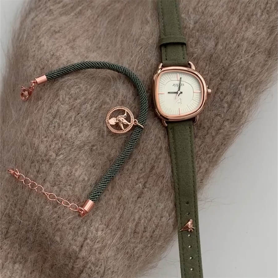 Green/Brown Leather Watch Bracelet Set
