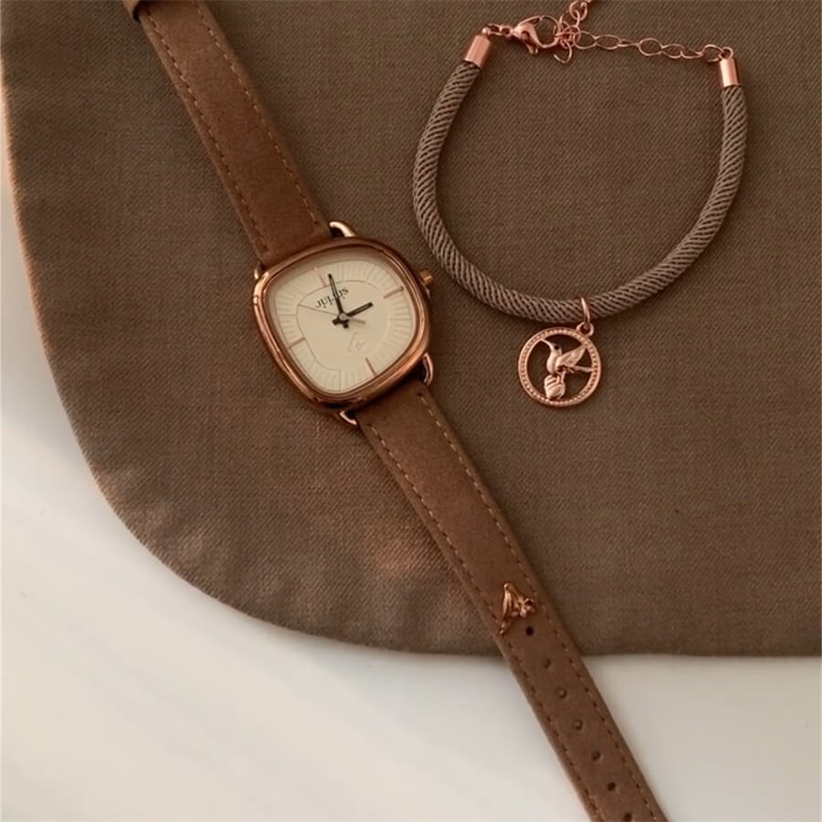 Green/Brown Leather Watch Bracelet Set
