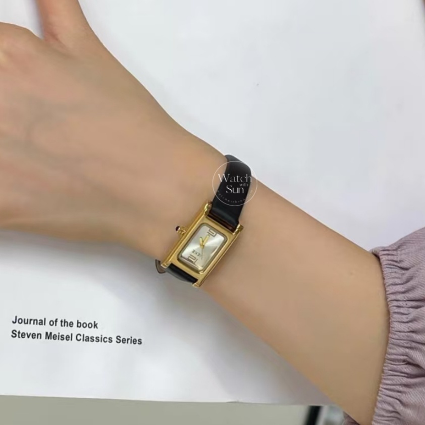 Square Face Black/Grey Leather Gold Watch