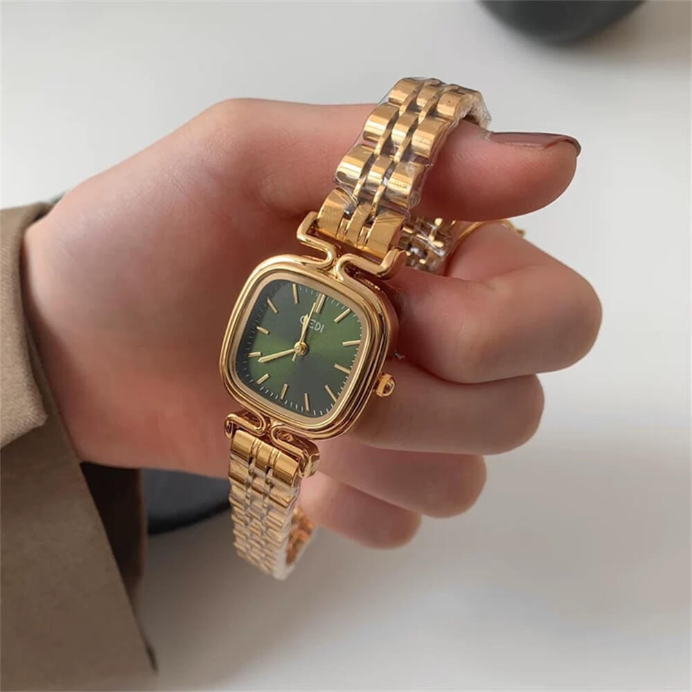 Square Emerald Green Face Gold Bracelet Watch