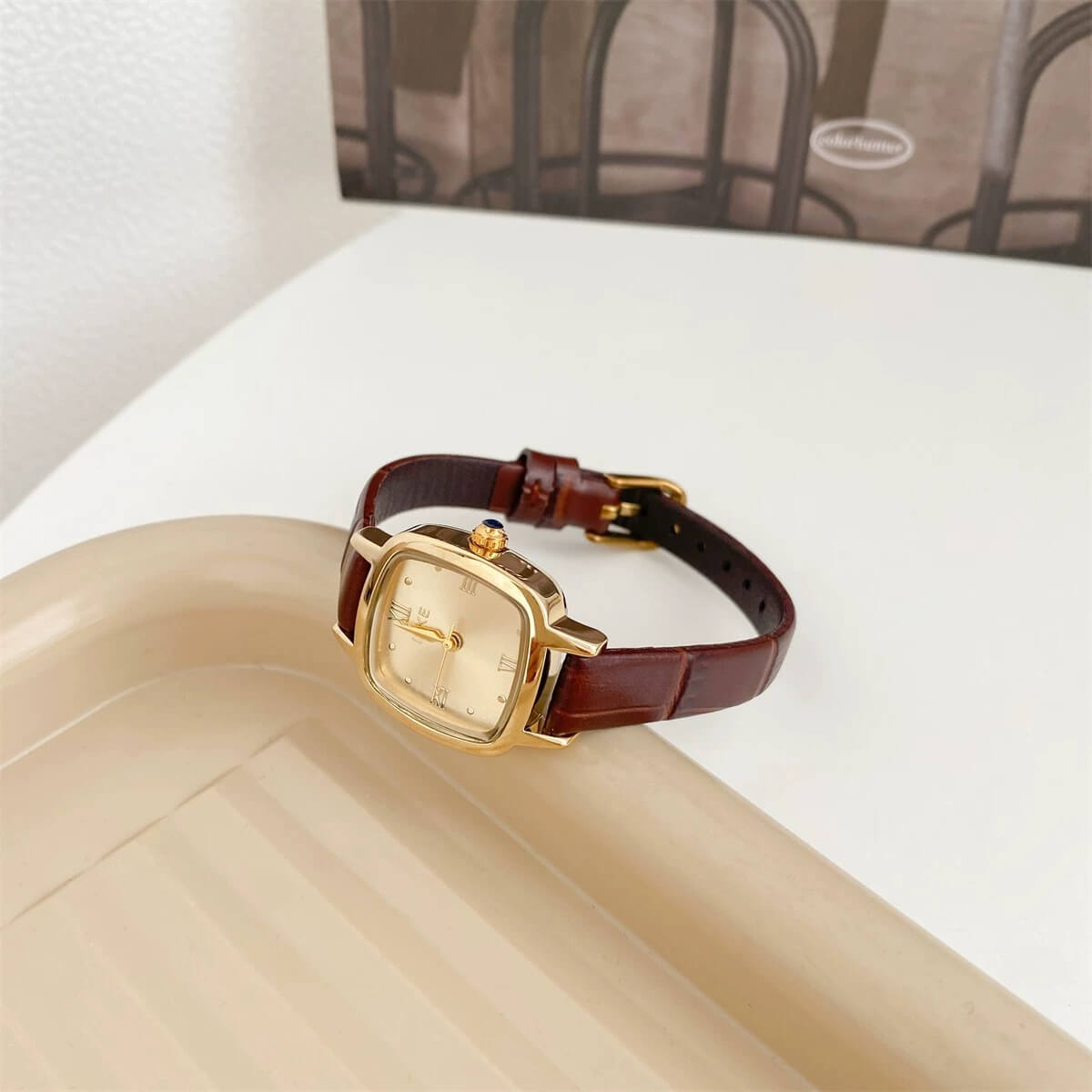 Square Face Brown/Black Leather Watch