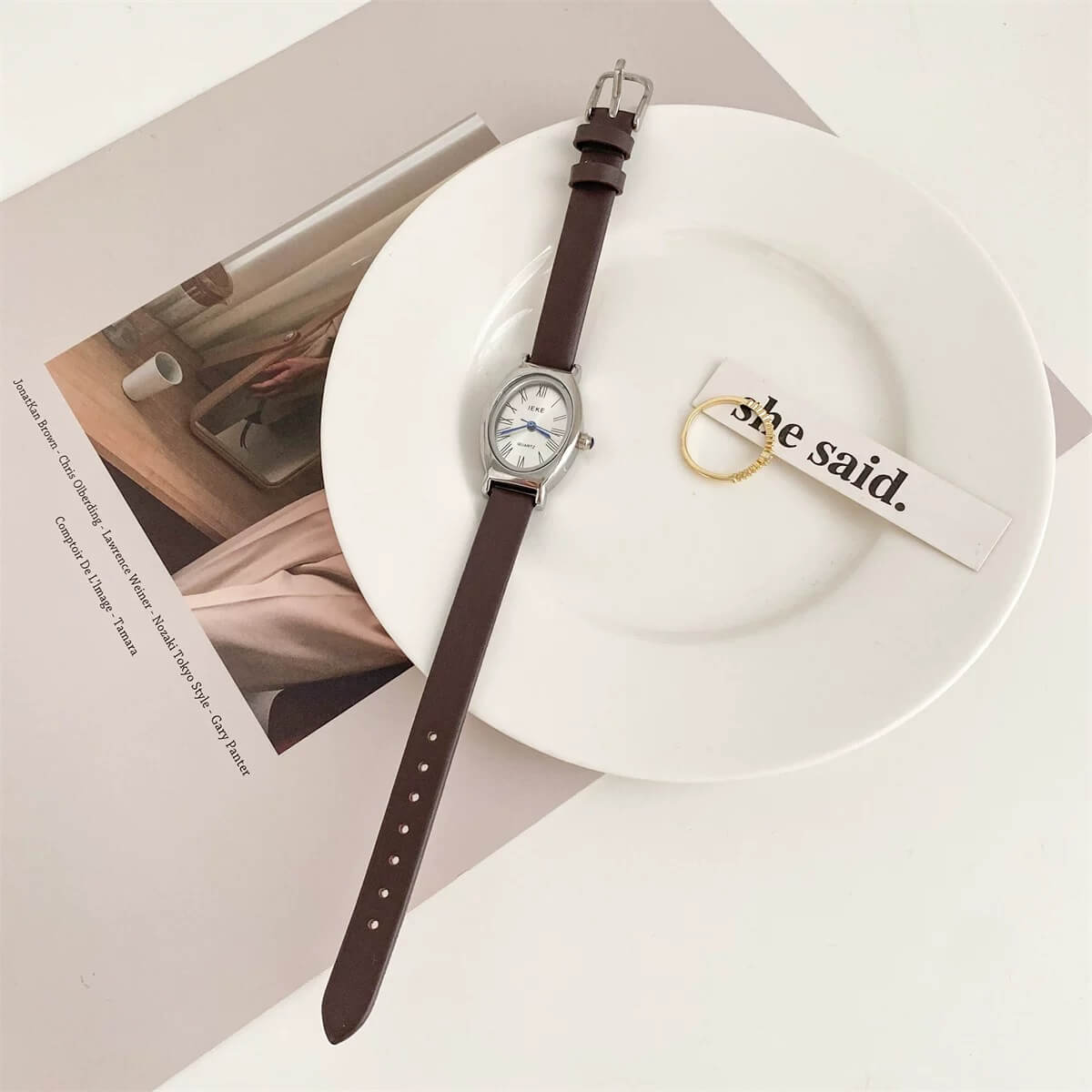 Classic Oval Face Brown/Black Leather Watch