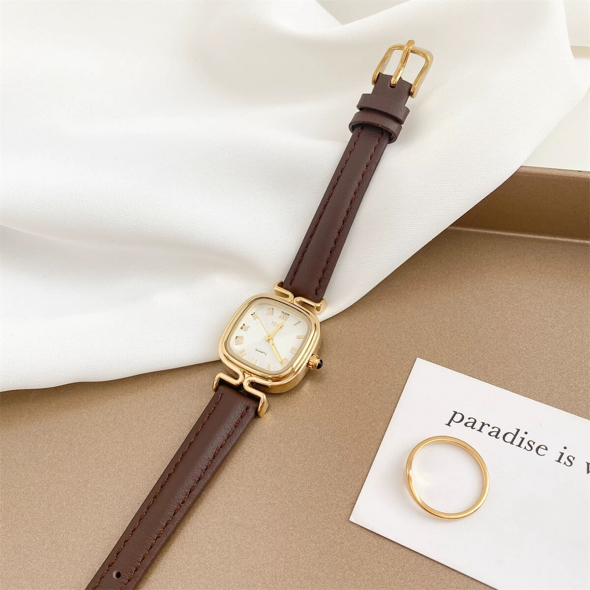 Chic Style Square Face Brown/Black Leather Watch