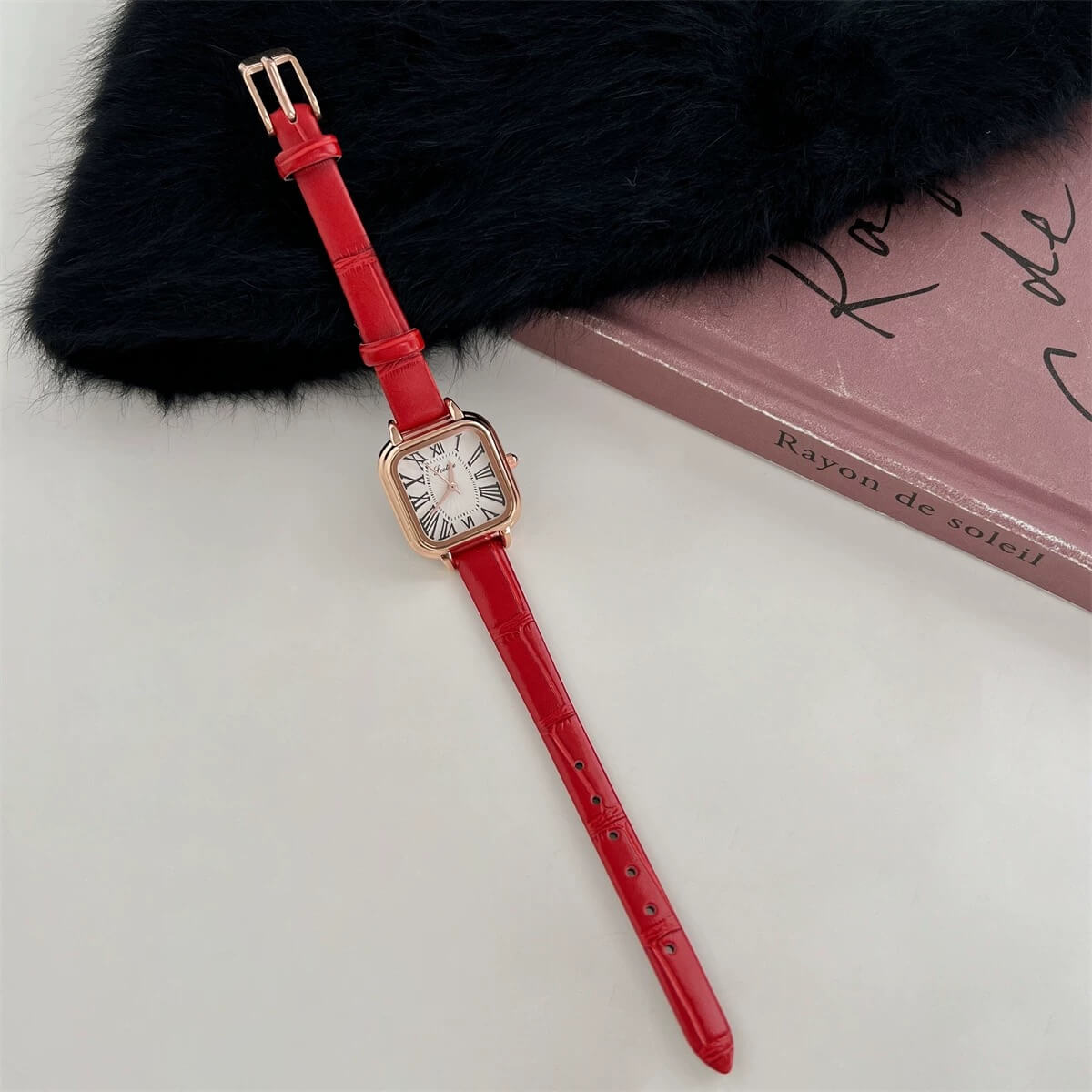 Danity Square Face Brown/Black/Red Leather Watch