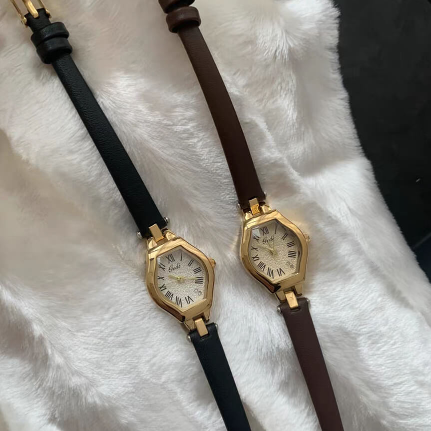 Classic Brown/Black Polygon Leather Wristwatch