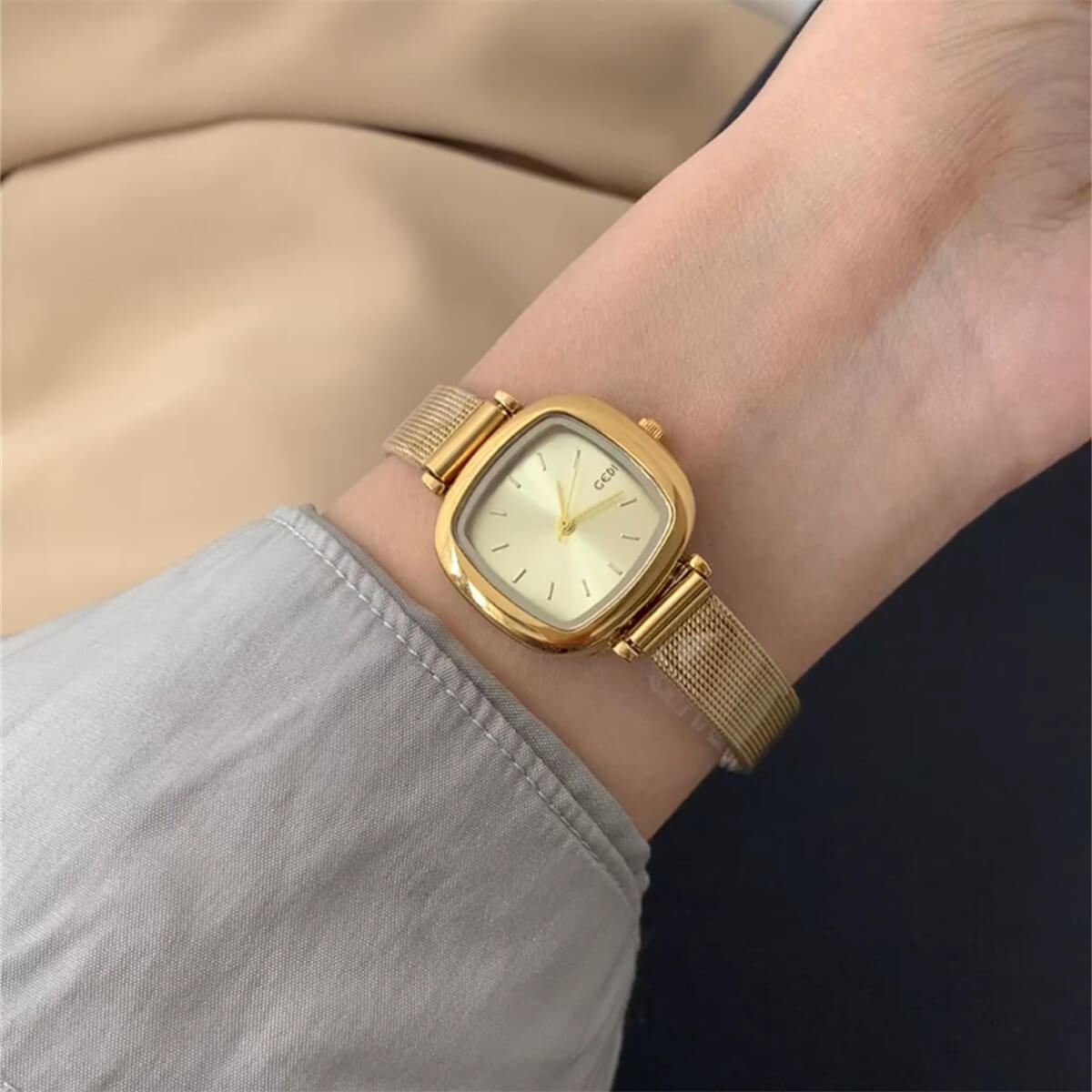 Square Golden Face Stainless Steel Watch
